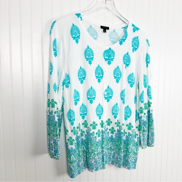 1X TALBOTS PAISLEY 3/4 SLEEVE CARDIGAN WHITE/TEAL - Picture 2 of 9